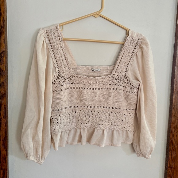 American Eagle Outfitters Tops - American Eagle | Cream Crochet Smocked Blouse Long Sleeve Size Small